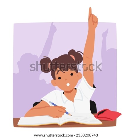 Schoolgirl Character Stretches Her Hand In Class, Eagerly Raising It To Answer A Question Or Seek The Teacher Attention, Demonstrating Her Active Engagement For Learning. Cartoon Vector Illustration Royalty-Free Stock Photo #2350208743