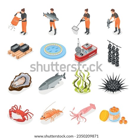 Mariculture set with isometric icons of sea food and human characters of workers on blank background vector illustration