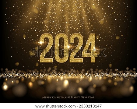 2024 Happy New Year greeting card vector illustration. 2024 golden numbers with gold falling confetti decoration and glow light effect, festive sparkle of tinsel texture in holiday design background. Royalty-Free Stock Photo #2350213147