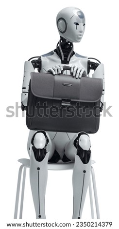 AI humanoid robot sitting on a chair and waiting for a job interview Royalty-Free Stock Photo #2350214379