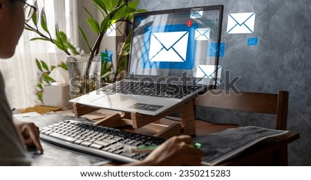 Email marketing concept, person reading email on laptop, receiving new messages Email inbox. Online communication and email marketing concept.