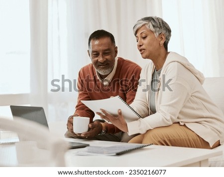 Senior couple, tax documents and home with planning, budget or audit for wealth, compliance or investment. Mature man, woman and paperwork with laptop, financial strategy and thinking for retirement Royalty-Free Stock Photo #2350216077