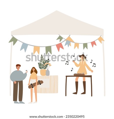 summer market illustration, people walking at festival vector clipart, fair in park clip art, outdoor party images in flat style, digital download, elderly, muslim, black people, couple, family.