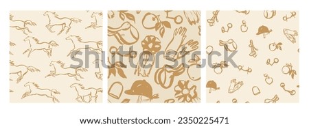 Equestrian seamless pattern, line art style, horseback riding tack and harness, classical style background templates Royalty-Free Stock Photo #2350225471