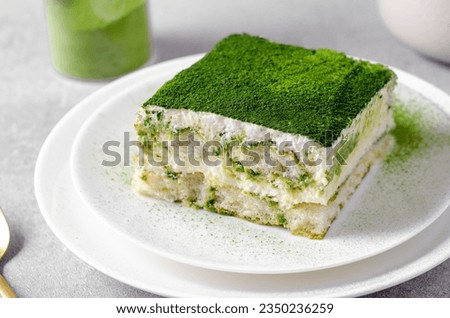 Matcha Tiramisu, Italian Tiramisu Cake with Green Tea on Concrete Background Royalty-Free Stock Photo #2350236259