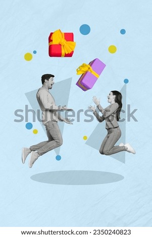 Vertical collage image of two excited black white effect people jump hands catch flying giftbox isolated on paper blue background