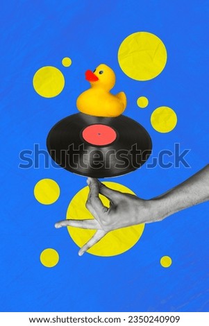 Picture collage poster of human arm hold vintage vinyl disc yellow swimming duck isolated on drawing blue yellow color background