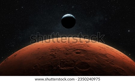 View of planet earth from Mars. Mars, the red planet with detailed surface features and craters in deep space. Blue Earth planet in outer space. mars and earth, concept.  Royalty-Free Stock Photo #2350240975