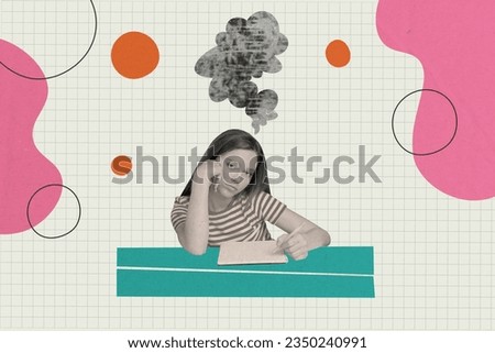 Little funny stressed female student pupil preteen girl school overload boring lectures writing notes isolated over drawn background