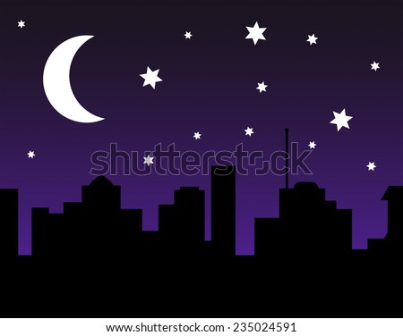 City skyline scene at night, with silhouette skyscrapers and other buildings, a large crescent moon, bright white stars and a purple gradient sky. Vector version, EPS 10.
