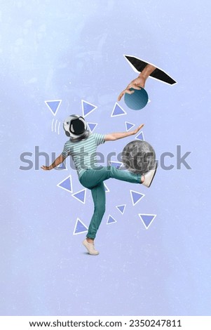 Vertical collage picture of astronaut helmet person leg kick full mini moon arm hold ball through black hole isolated on blue background
