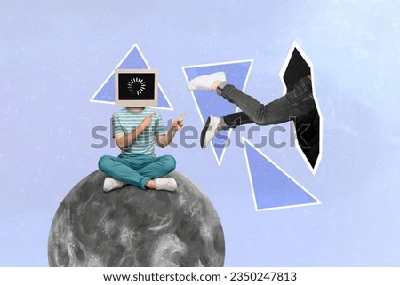 Artwork collage picture of mini guy sit big full moon loading screen instead head point fingers legs black hole isolated on blue background