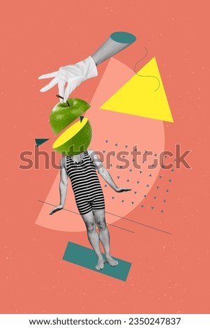 Overjoyed funky crazy man jumping wear striped swimsuit collage illustration green cutted apple head isolated on orange background