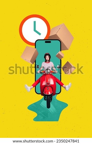 Vertical photo collage of crazy scooter driver woman delivery courier fast speed shipping track timer app isolated on yellow background