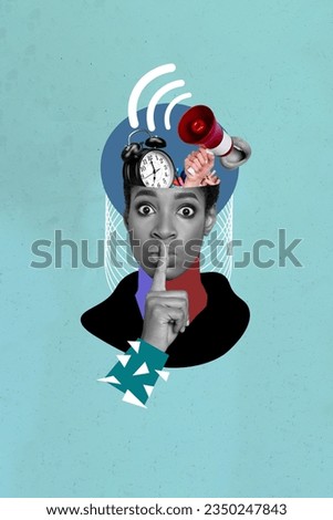 Photo vertical collage template of young funny girl gesturing finger mouth silence shh brains mind time isolated on blue background