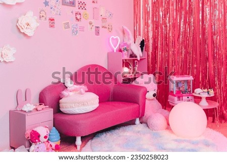 Cute pink room full of stuffed animals and toys. Royalty-Free Stock Photo #2350258023