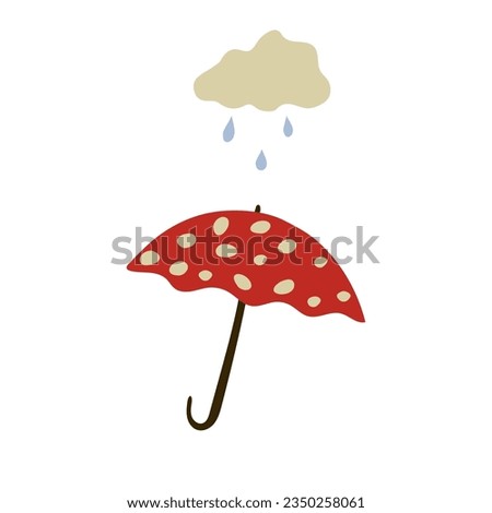 A red umbrella with white polka dots covers from the rain from the clouds. Autumn clip-art