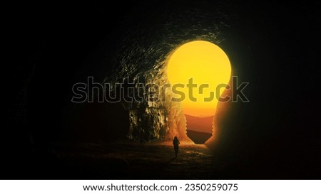 Successful businessman in the dark come out of the cave into light bulb hole, creative idea. Choice, concept. Hope and a new path. Start app. Man leader finds the right way.