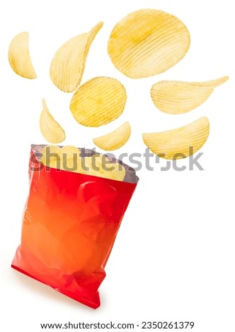 Crispy Potato chips fly out of yellow bag isolated on white background, Potato chips on white With clipping path. Royalty-Free Stock Photo #2350261379
