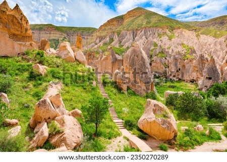 Gorgeous Unique natural place in Cappadocia-Zelve Open Air Museum. Turkiye. Royalty-Free Stock Photo #2350270289