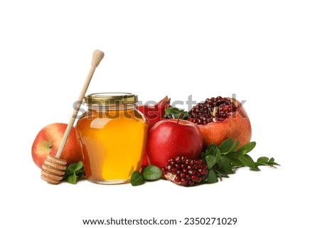 PNG, apples, pomegranates and jar of honey, isolated on white background Royalty-Free Stock Photo #2350271029