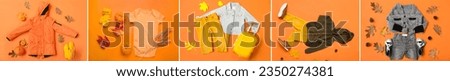 Set of stylish baby clothes and accessories on orange background, top view