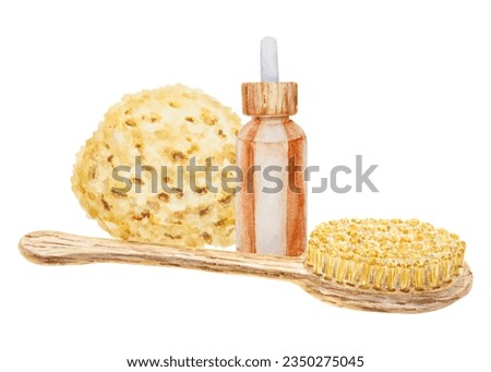 Spa, bathroom accessories. Watercolor hand drawn illustration for wellness center: brown glass bottle of serum, essential oil with pipette, natural sea sponge, wooden brush. Clipart for beauty prints