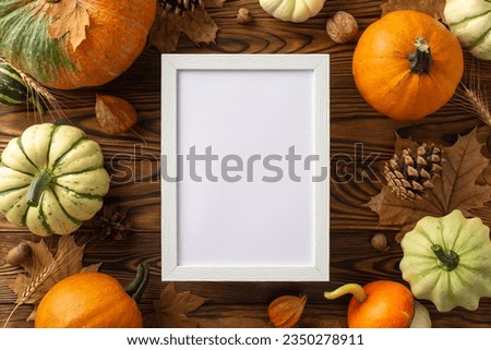 Embrace the autumn harvest season with this top-down image. Rich pumpkins, maple leaves and wheat arranged on a dark wooden surface, offering ample copy-space for your text or advertisements
