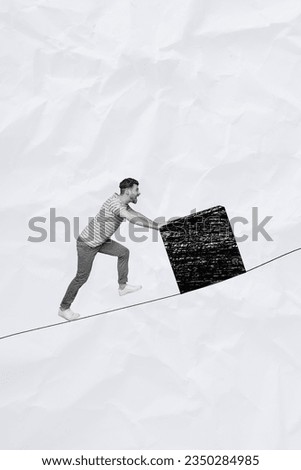 Vertical collage picture of black white colors motivated determined guy arms hold painted cube upwards rope isolated on paper background