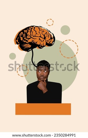 Vertical collage image of minded guy arm touch chin brainstorming huge brain connection head isolated on beige background