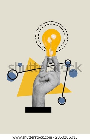 Vertical collage image of black white effect arm fingers hold light bulb isolated on creative drawing grey background