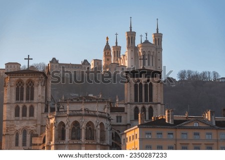 The Notre Dame de Fourviere Basilica on Fourviere Hill in Lyon, France.