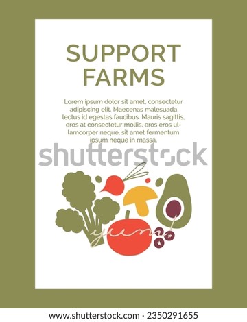 Support farms. Banner template with organic, healthy, vegan food. Flat cartoon vector clip arts with vegetables, veggies, broccoli, avocado.