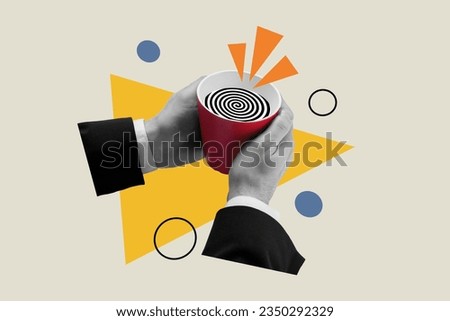 Composite collage portrait of black white colors arms hold hypnotic drink cup isolated on grey painted background