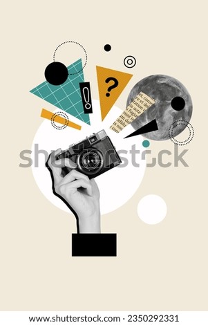 Vertical collage picture of black white colors arm hold photo camera piece book text page question exclamation mark full moon Royalty-Free Stock Photo #2350292331