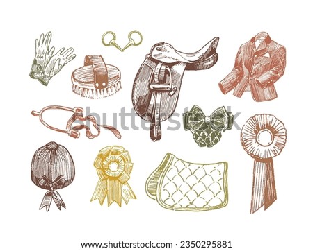 Classical equestrian tack and clothing items, hand drawn illustrations, vintage style, isolated on white, horse harness, sport wear and accessories Royalty-Free Stock Photo #2350295881