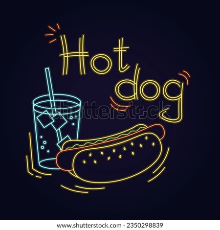 Delicious outline hot dog sign with soda in neon color isolated on black background.