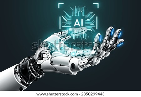 AI humanoid hand holding AI Logo on microchip hologram, Future cybernetic artificial intelligence technology concept, vector illustration Royalty-Free Stock Photo #2350299443