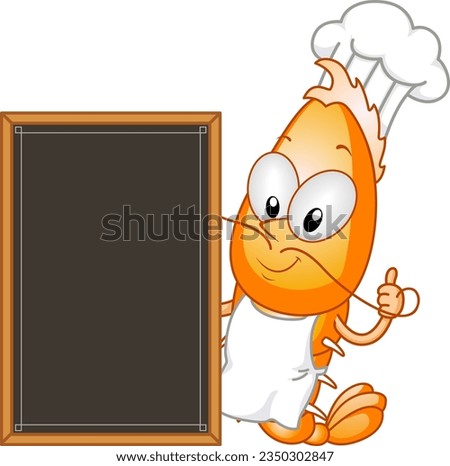 Illustration of Mascot Shrimp Chef Wearing Apron and Toque Blanche Holding Blank Menu Board