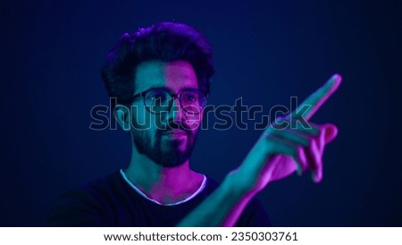 Infographic hologram backdrop template ultraviolet neon background pensive man hi-tech programmer engineer touch air space futuristic user interface HUD digital cyber technology virtual screen icon