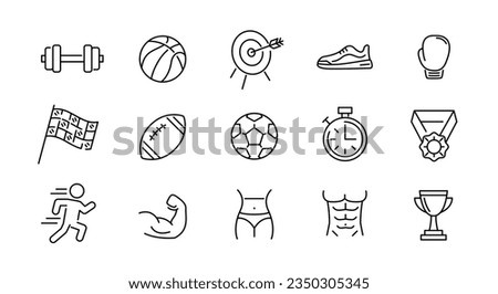 Sport icons set. Fitness simple line icons. 15 Sport icons isolated on white background.  Football, Run, Stopwatch, Medal. Vector illustration