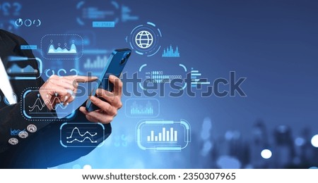 Businesswoman finger touch phone, business analytics dashboard with graph charts hud, infographics and metrics. Concept of financial research and digital marketing