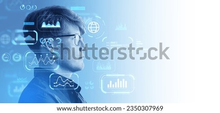 Businessman portrait silhouette with glowing dashboard, double exposure graph chart and statistics. Concept of big data, research analyst and internet marketing