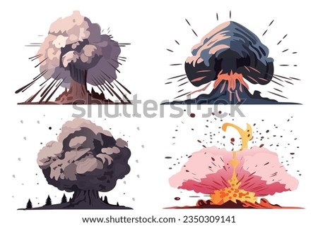 Set of volcanoes in the flat cartoon design. A stunning set of illustrations showing majestic colored volcanoes with clouds of smoke. Vector illustration.