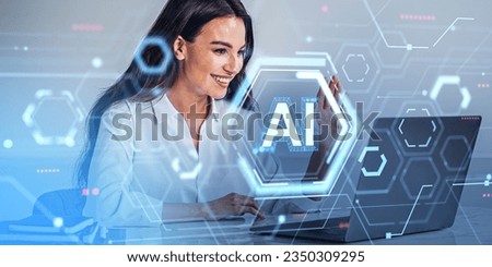 Smiling businesswoman waving hand to computer display, AI hologram hud with digital connection lines. Concept of robot communication, futuristic technology and innovation Royalty-Free Stock Photo #2350309295
