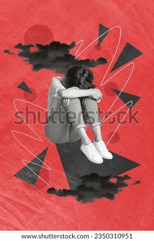 Vertical collage picture of black white colors unsatisfied girl dark depression clouds isolated on painted red background