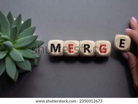 Merge symbol. Wooden cubes with word Merge. Businessman hand. Beautiful grey background with succulent plant. Business and Merge concept. Copy space.