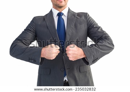 Businessman holding his hands out on white background