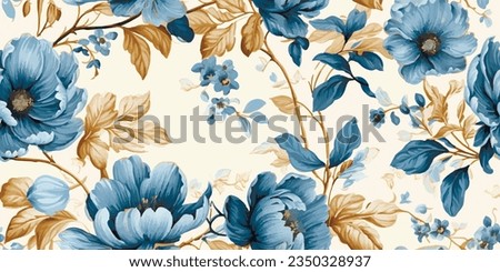 Floral print. Vector vintage illustration of blue flowers, leaves, frame, pattern for background, background. Modern seamless pattern. Fashionable template for design or wedding invitations