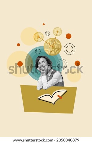 Vertical composite 3d photo collage of intelligent beautiful student girl dream about mystery secrets isolated creative drawing background